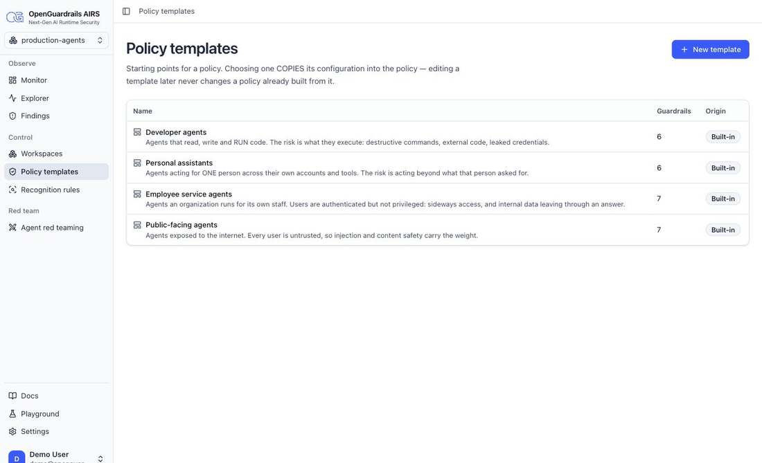 The OpenGuardrails console's Policy templates view: the four built-in starting points — developer agents, personal assistants, employee service agents, public-facing agents — with the guardrail count each carries